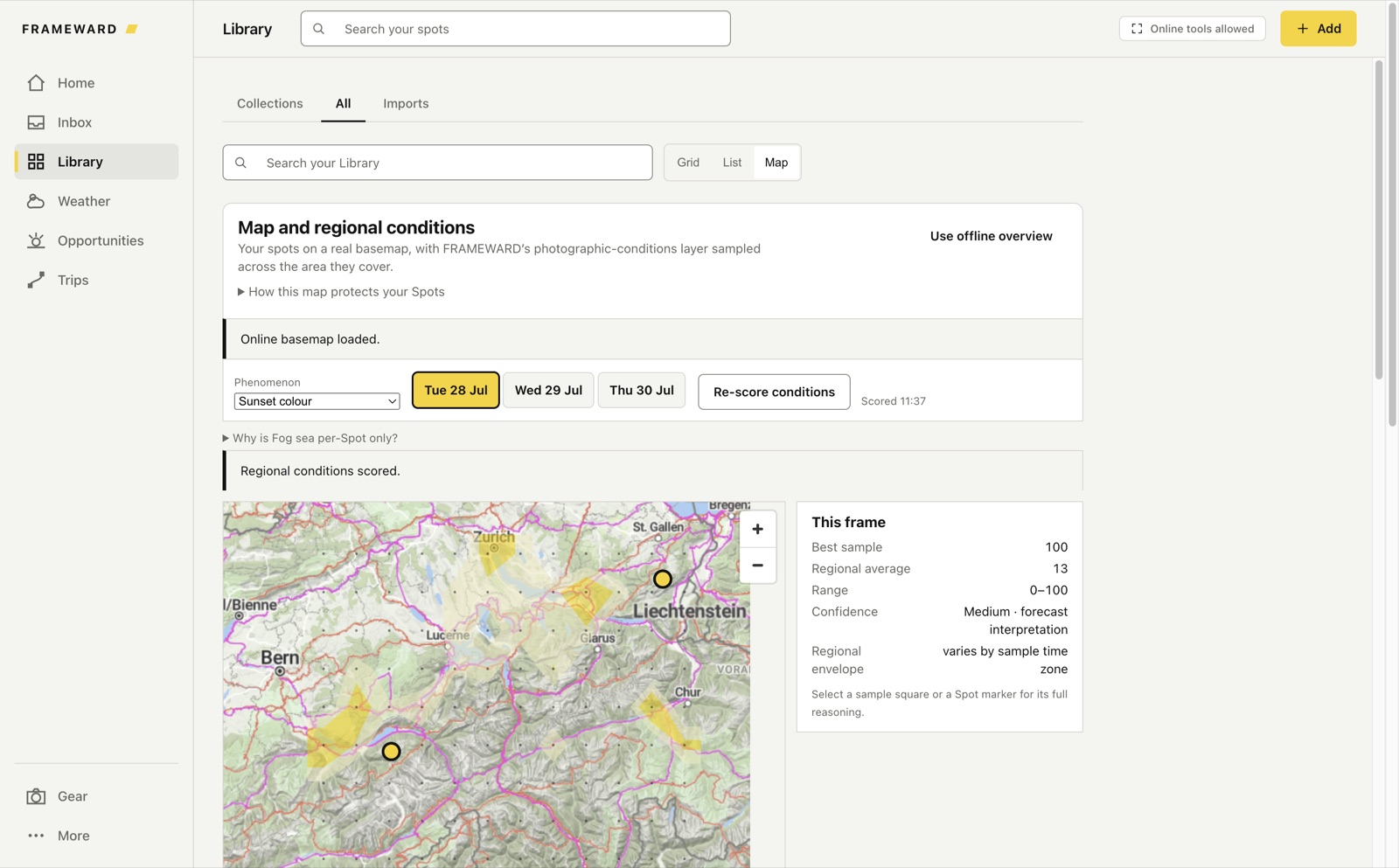 FRAMEWARD map view with the frame summary panel open: best sample 100, regional average 13, range 0 to 100, confidence medium, forecast interpretation.